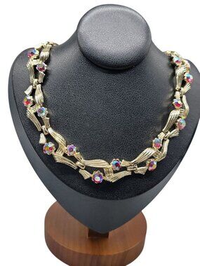 Vintage Lisner Necklace 16″ Gold Tone Aurora Borealis Rhinestones Choker Signed